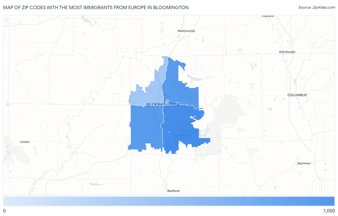 Zip Codes with the Most Immigrants from Europe in Bloomington Map
