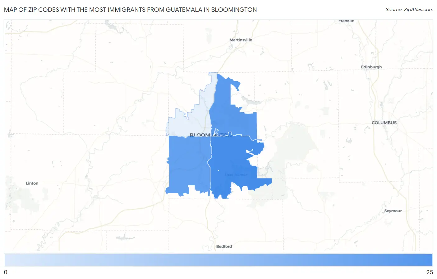 Zip Codes with the Most Immigrants from Guatemala in Bloomington Map