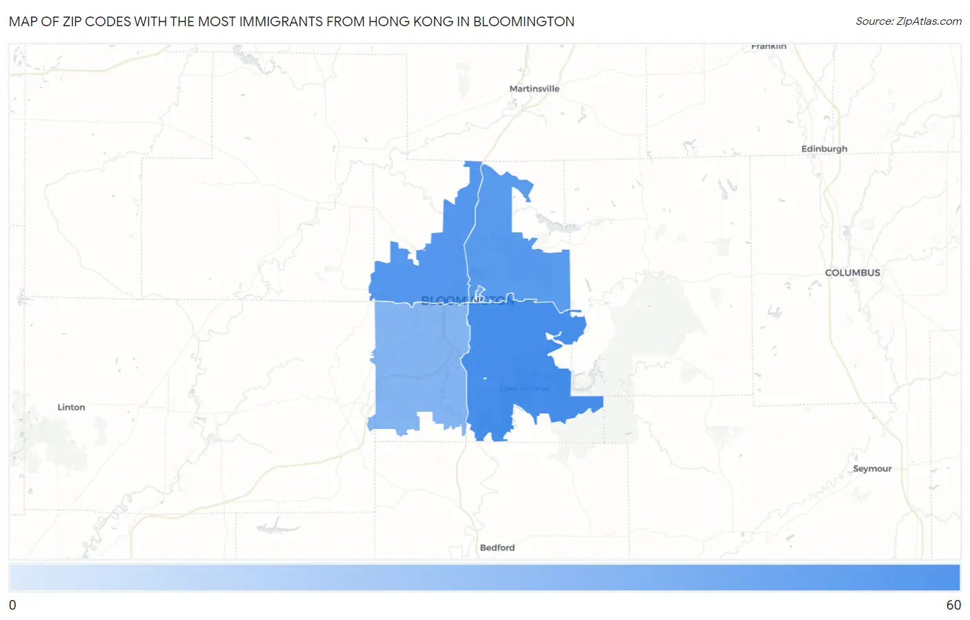 Zip Codes with the Most Immigrants from Hong Kong in Bloomington Map