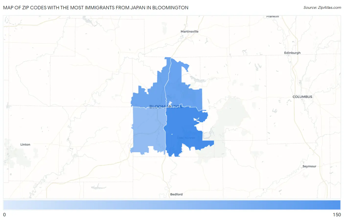 Zip Codes with the Most Immigrants from Japan in Bloomington Map