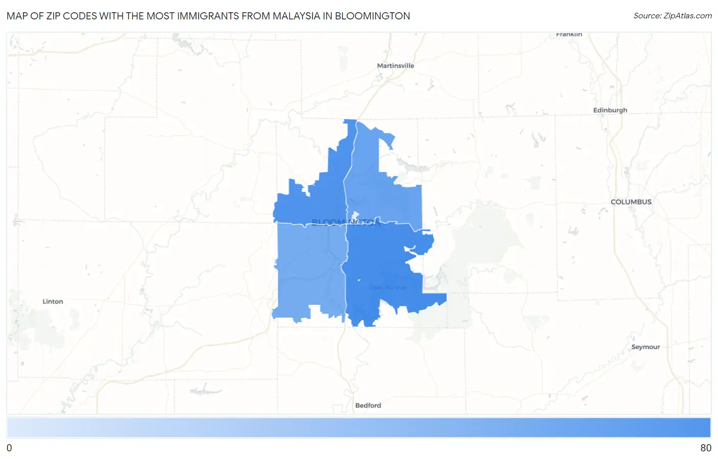 Zip Codes with the Most Immigrants from Malaysia in Bloomington Map