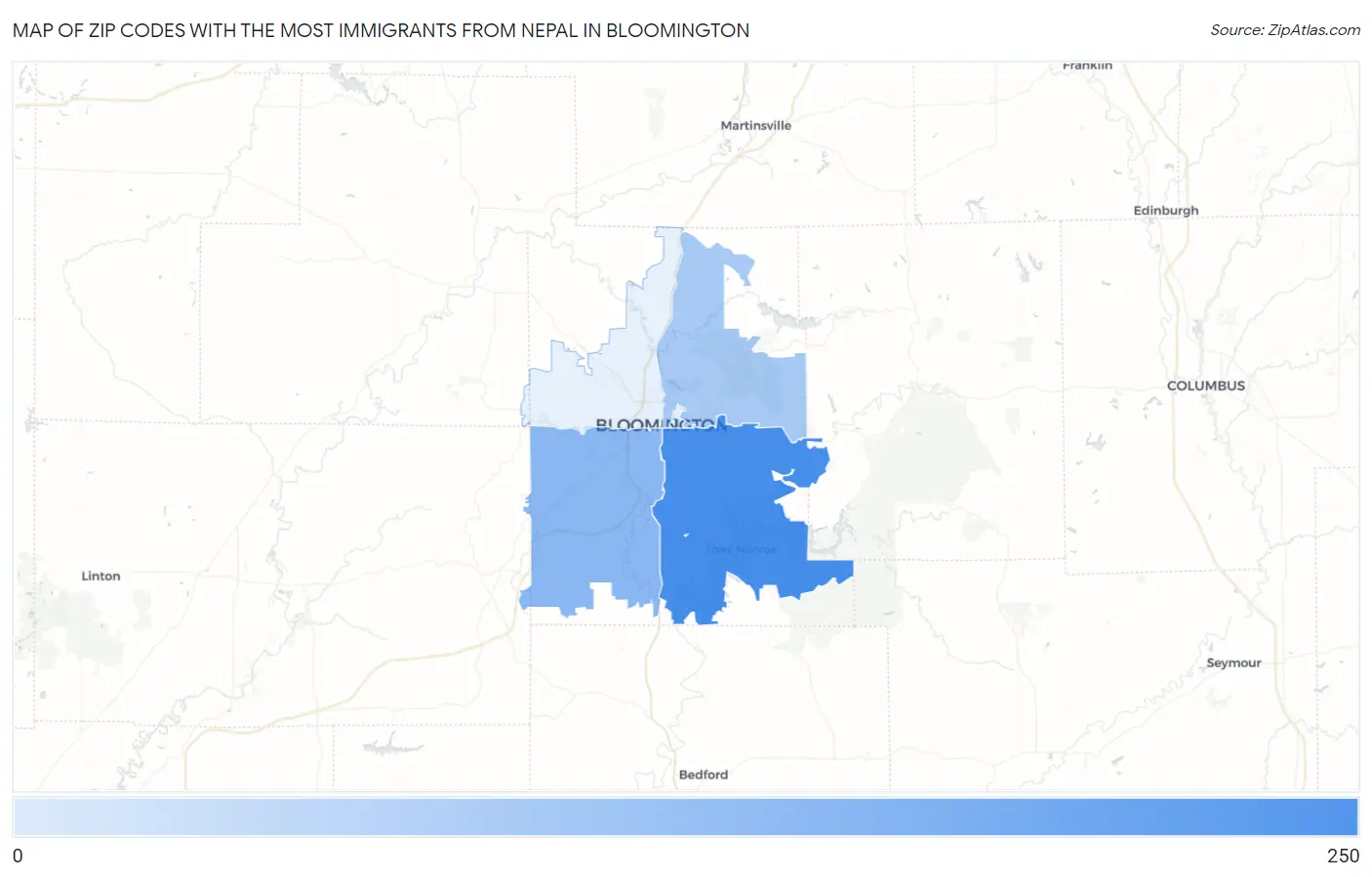 Zip Codes with the Most Immigrants from Nepal in Bloomington Map