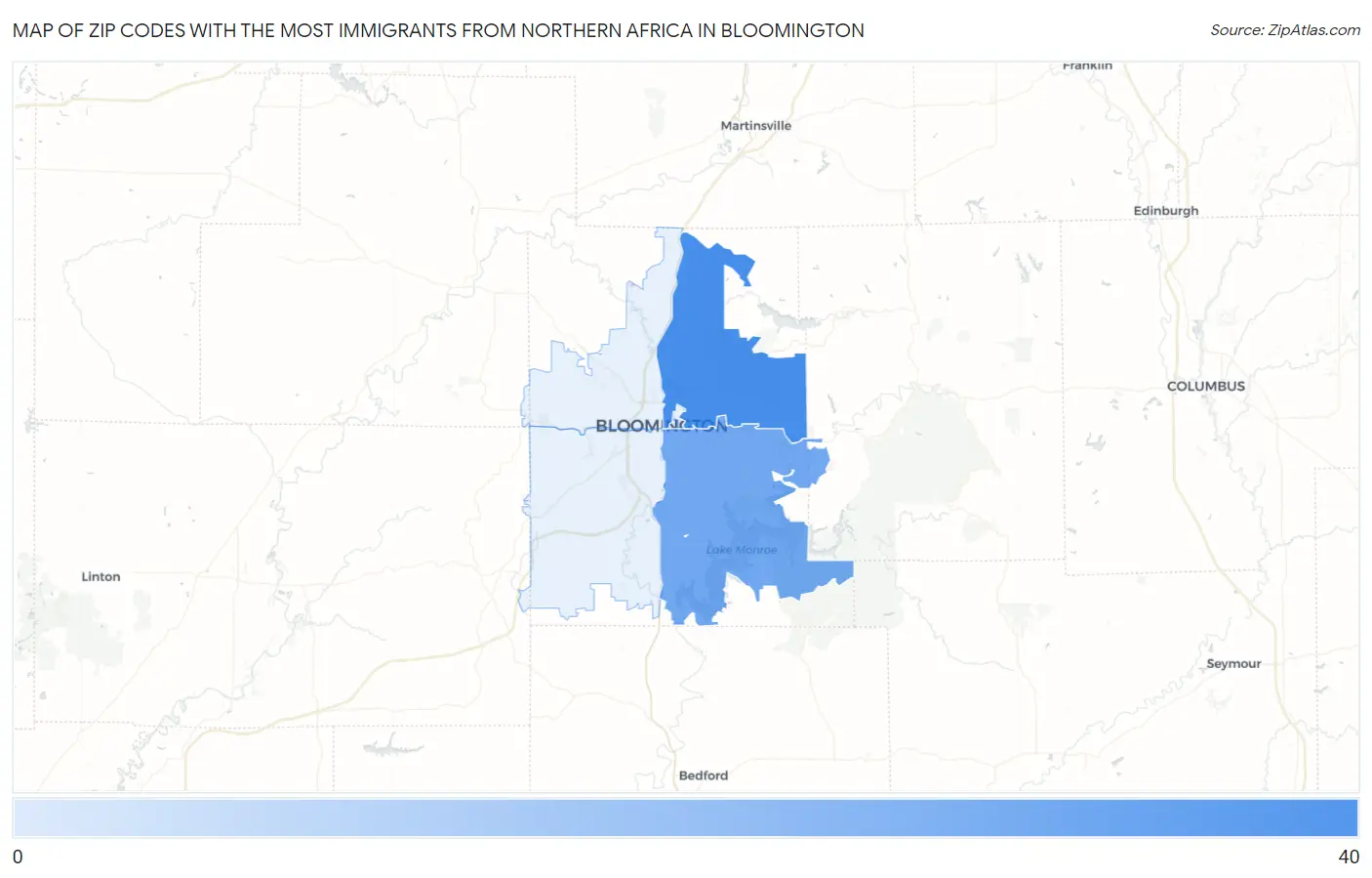 Zip Codes with the Most Immigrants from Northern Africa in Bloomington Map