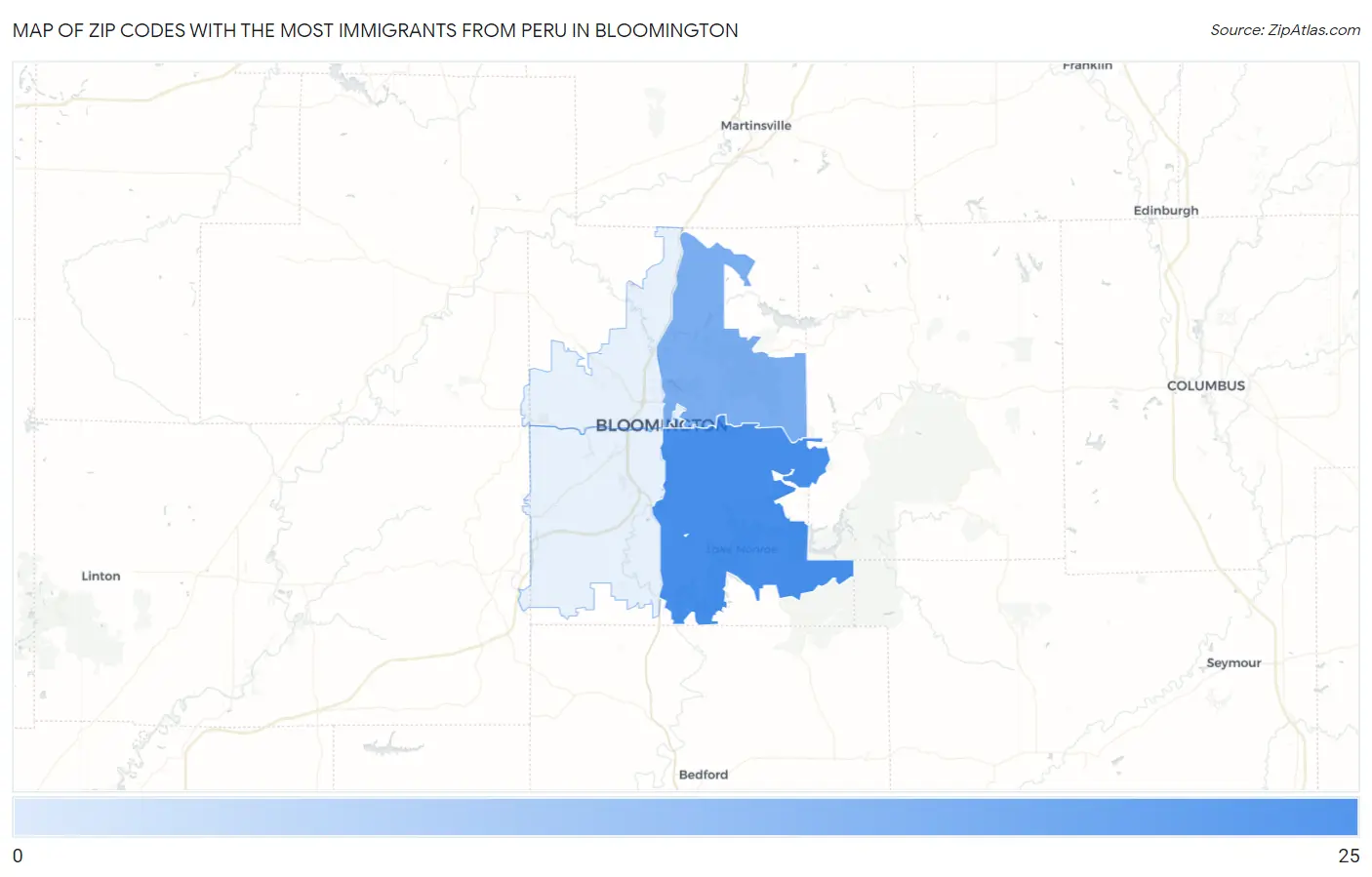 Zip Codes with the Most Immigrants from Peru in Bloomington Map