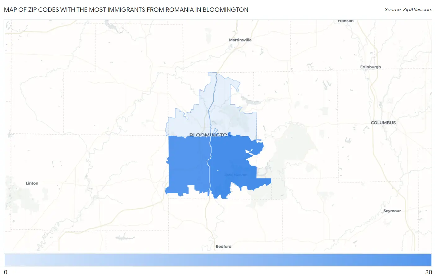 Zip Codes with the Most Immigrants from Romania in Bloomington Map