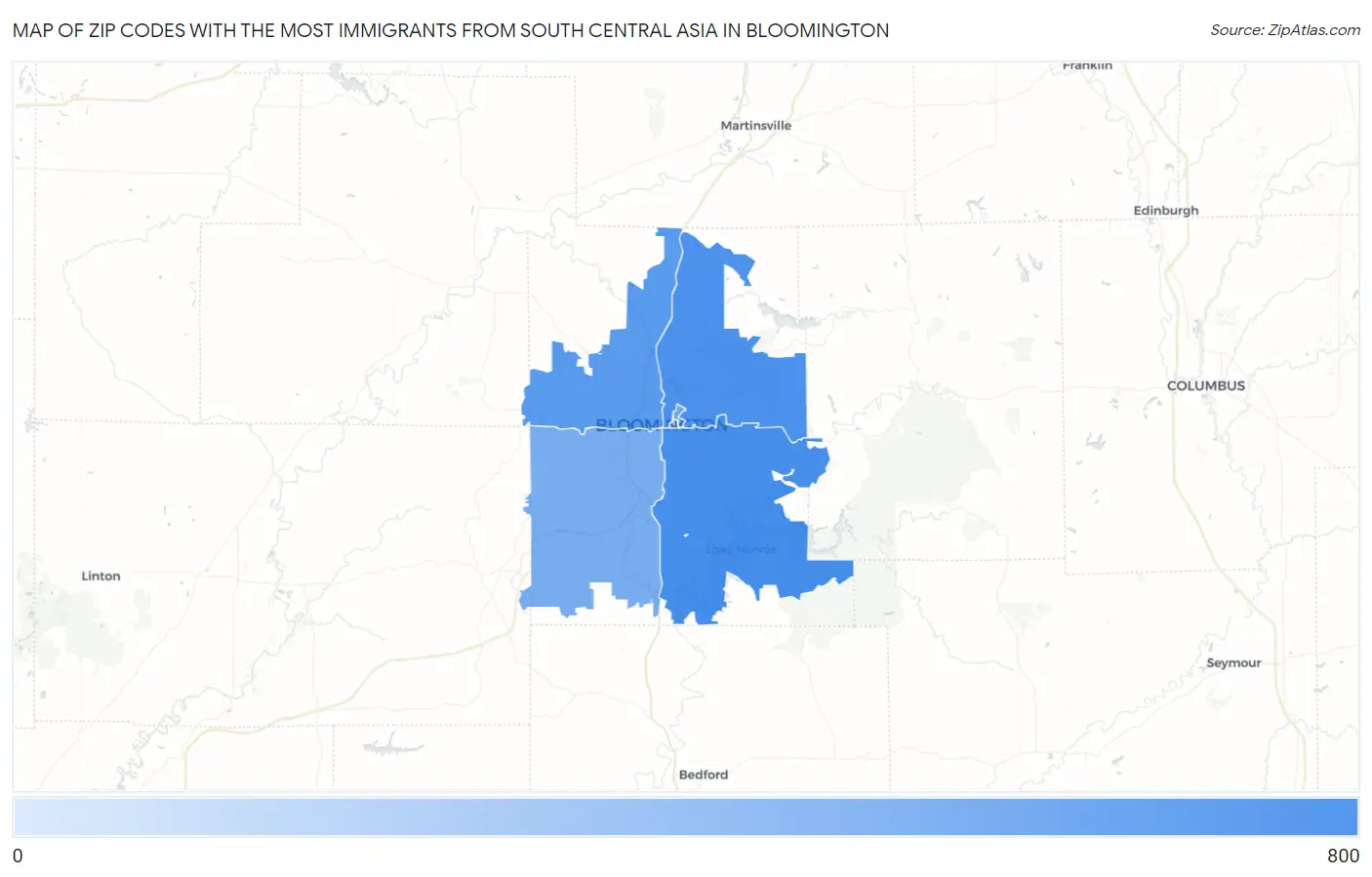 Zip Codes with the Most Immigrants from South Central Asia in Bloomington Map