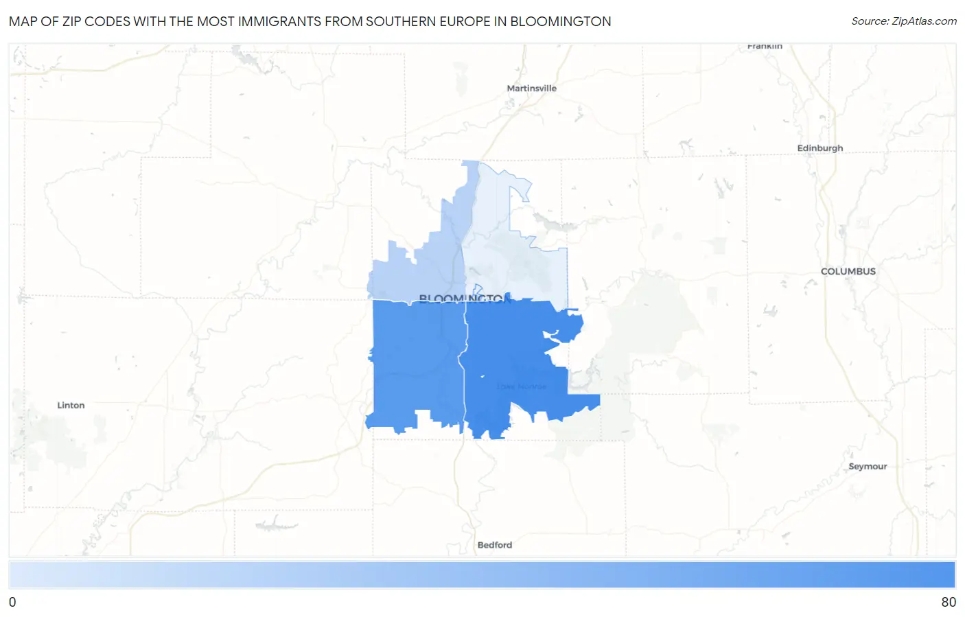 Zip Codes with the Most Immigrants from Southern Europe in Bloomington Map