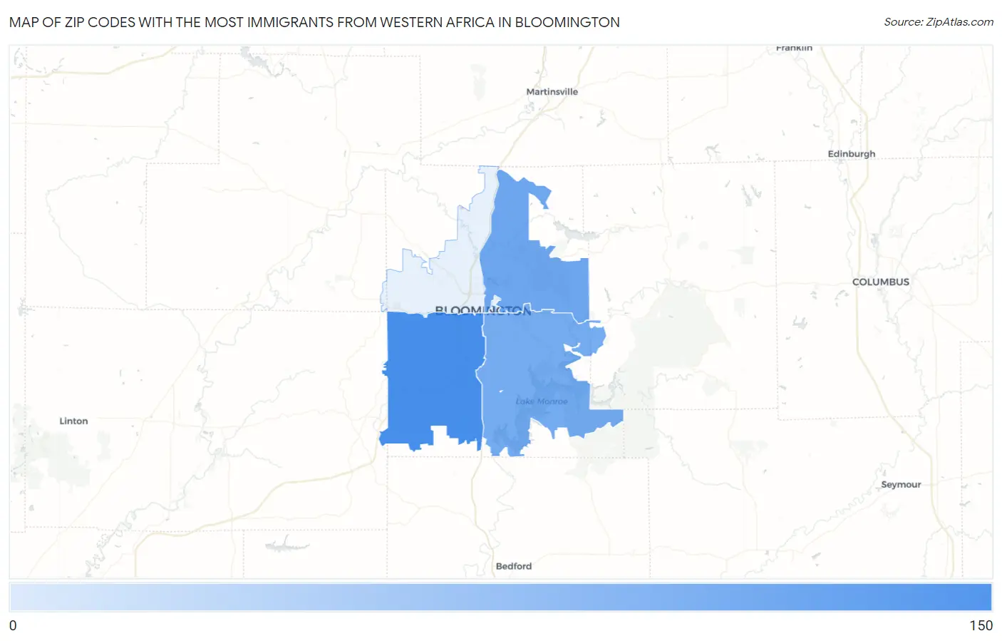 Zip Codes with the Most Immigrants from Western Africa in Bloomington Map