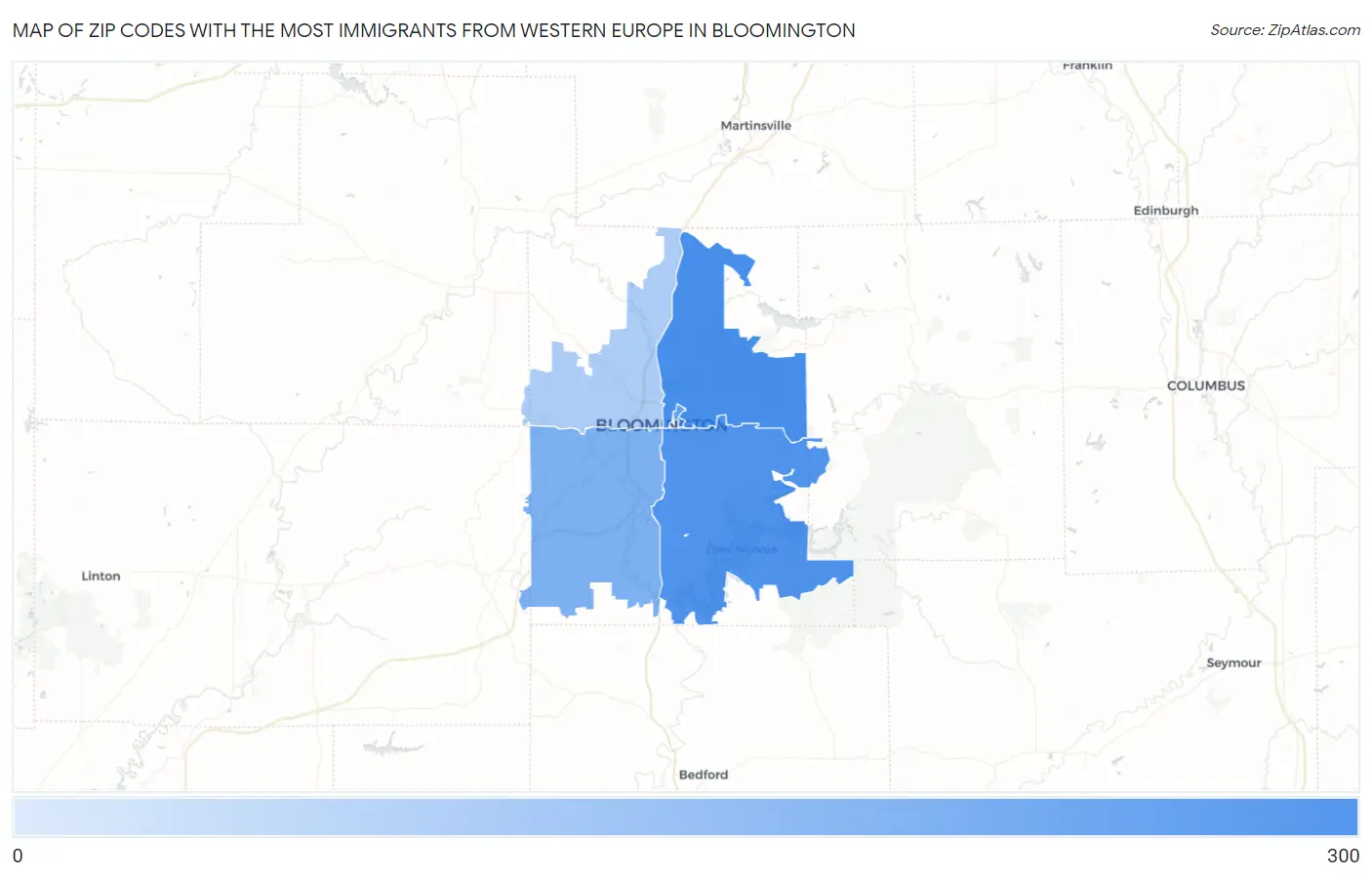 Zip Codes with the Most Immigrants from Western Europe in Bloomington Map