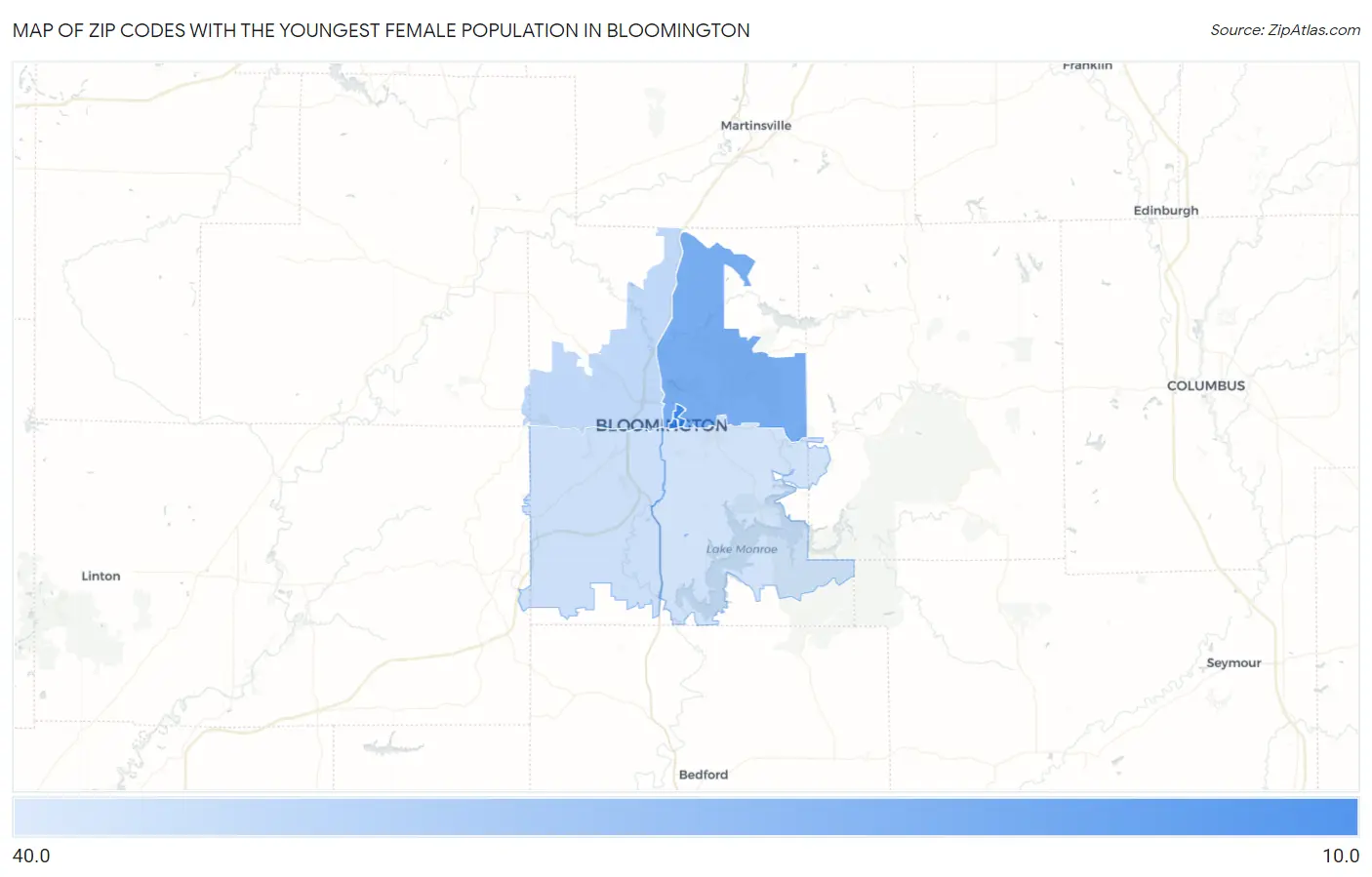 Zip Codes with the Youngest Female Population in Bloomington Map