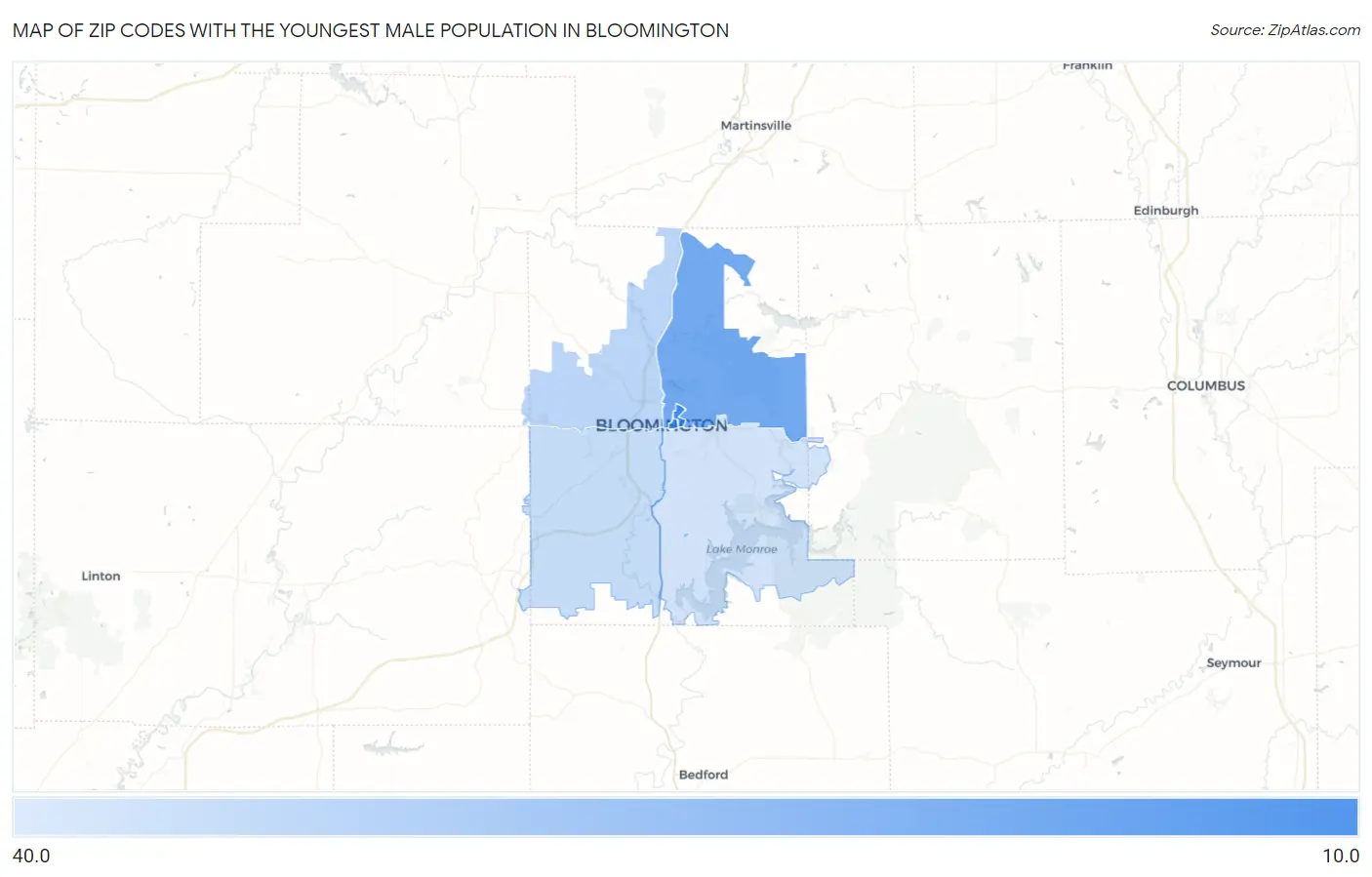 Zip Codes with the Youngest Male Population in Bloomington Map