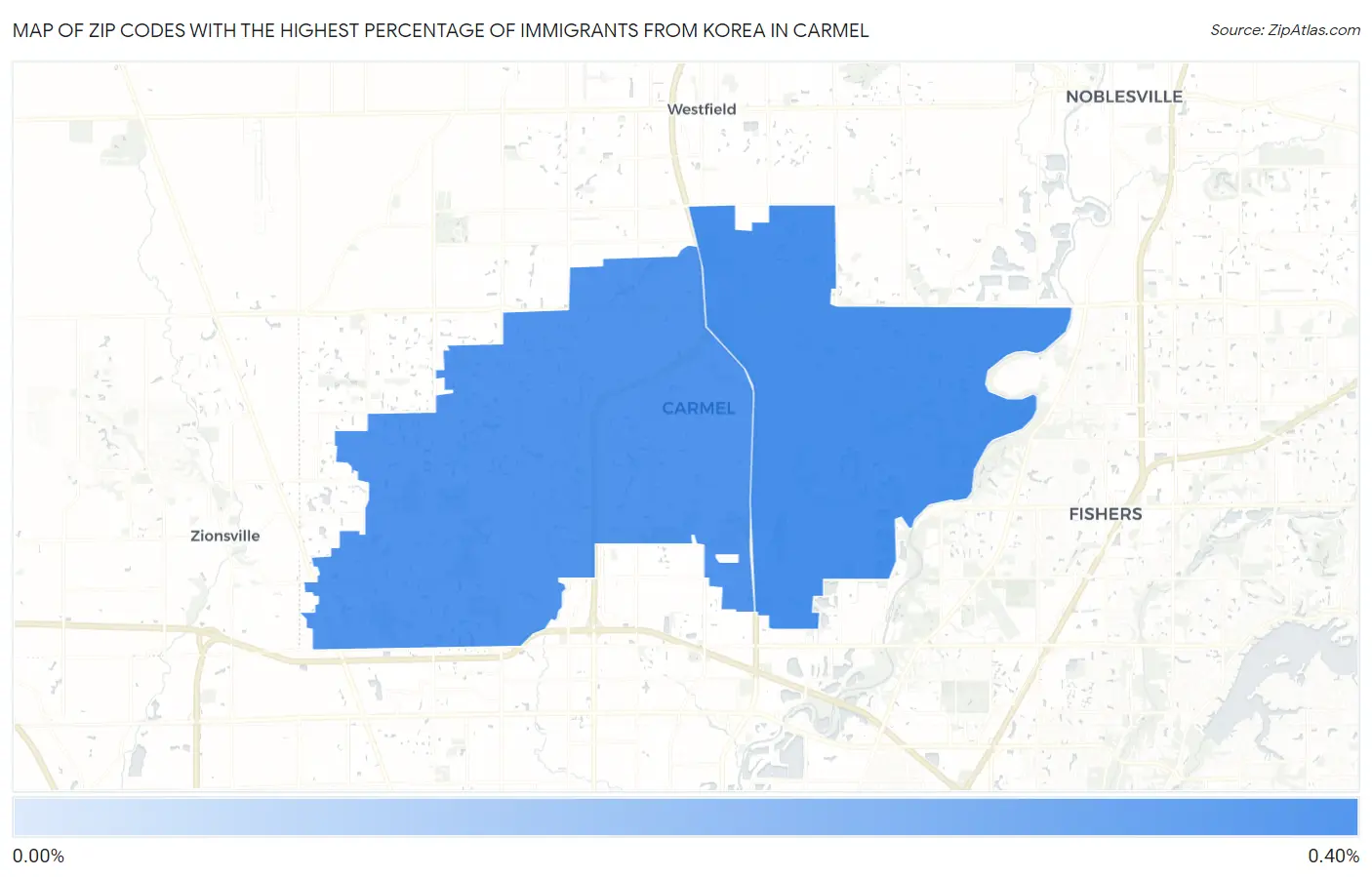 Zip Codes with the Highest Percentage of Immigrants from Korea in Carmel Map