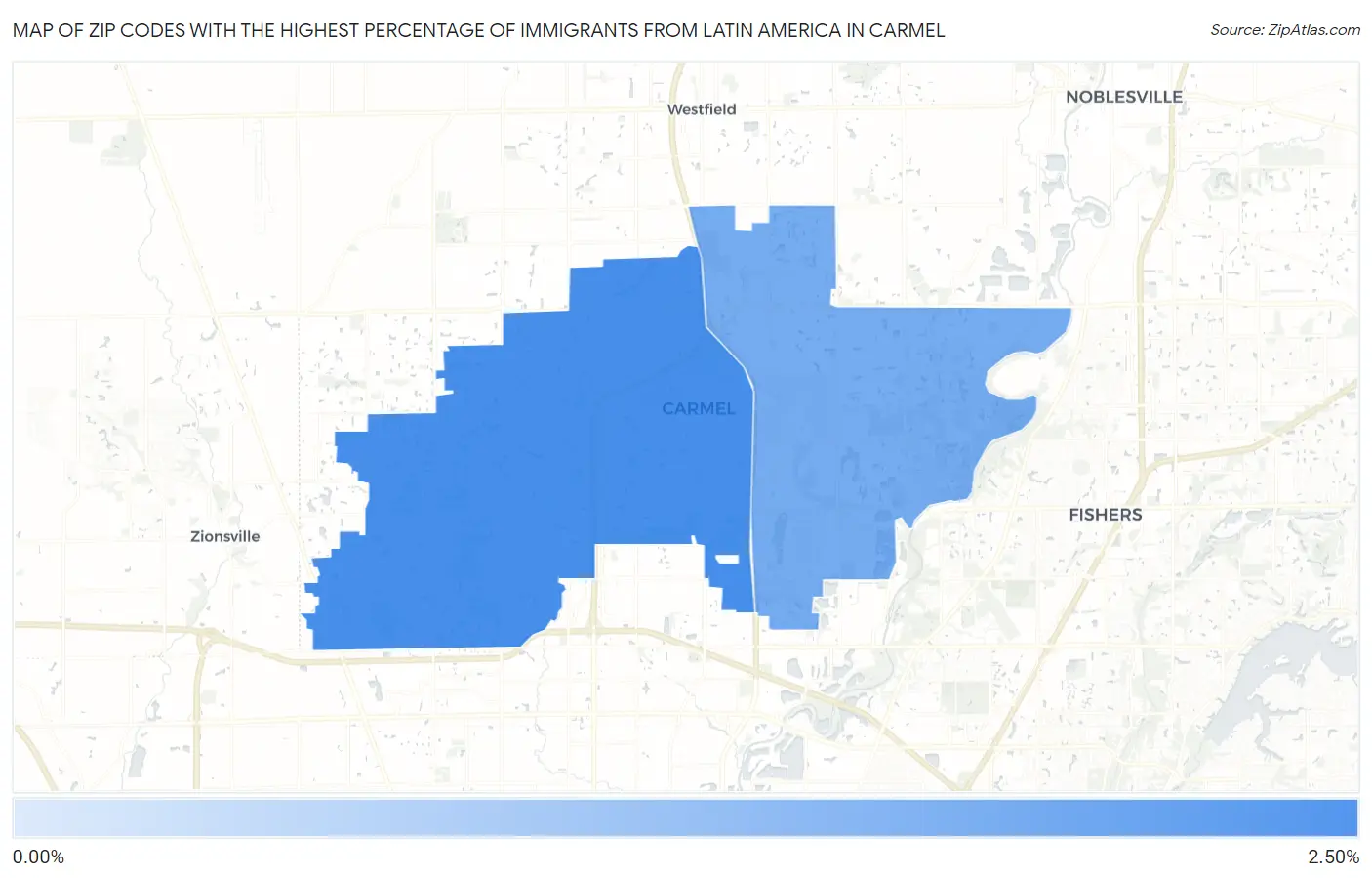 Zip Codes with the Highest Percentage of Immigrants from Latin America in Carmel Map