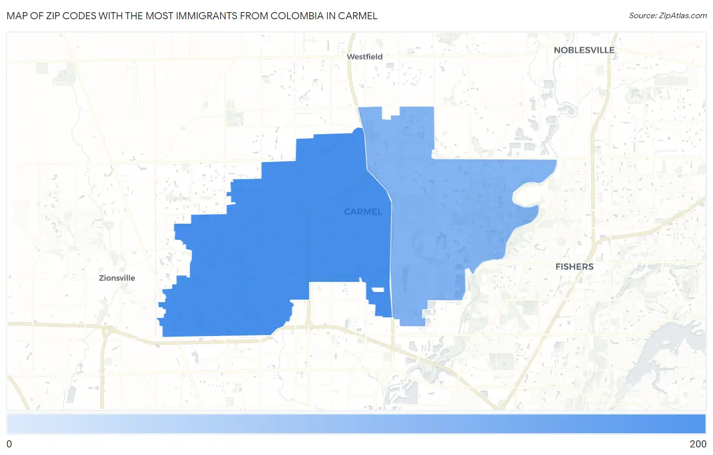 Zip Codes with the Most Immigrants from Colombia in Carmel Map