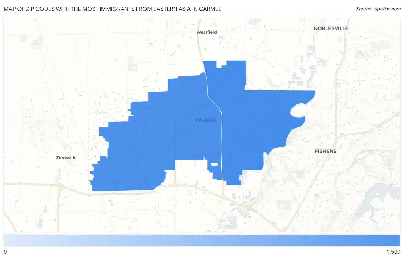 Zip Codes with the Most Immigrants from Eastern Asia in Carmel Map