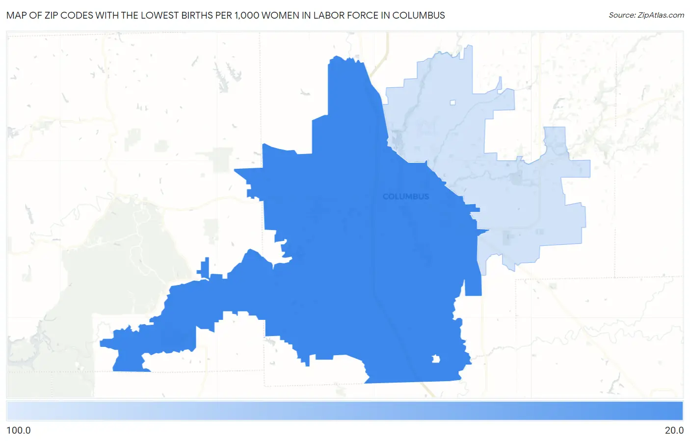 Zip Codes with the Lowest Births per 1,000 Women in Labor Force in Columbus Map