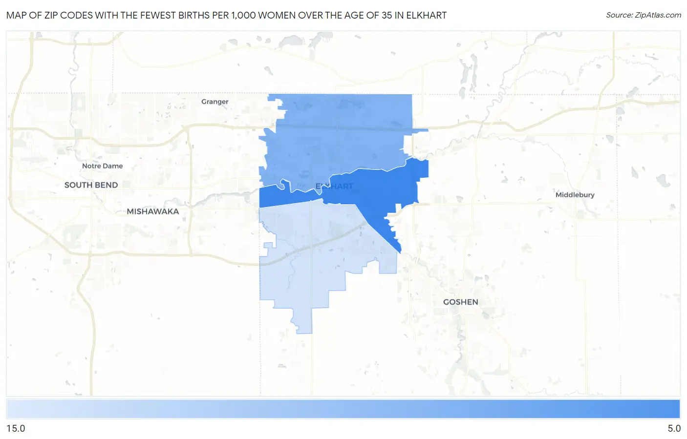Zip Codes with the Fewest Births per 1,000 Women Over the Age of 35 in Elkhart Map