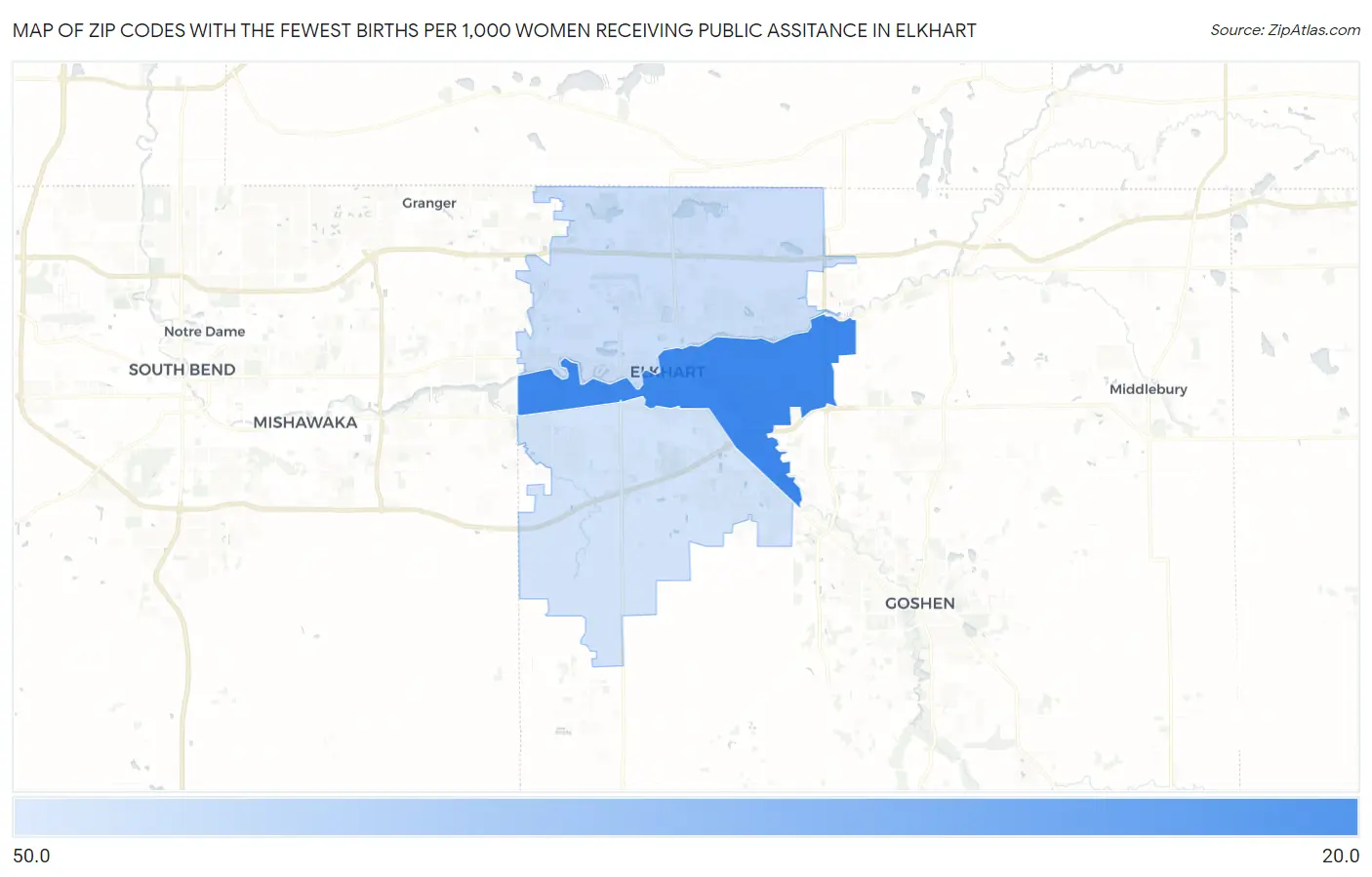 Zip Codes with the Fewest Births per 1,000 Women Receiving Public Assitance in Elkhart Map