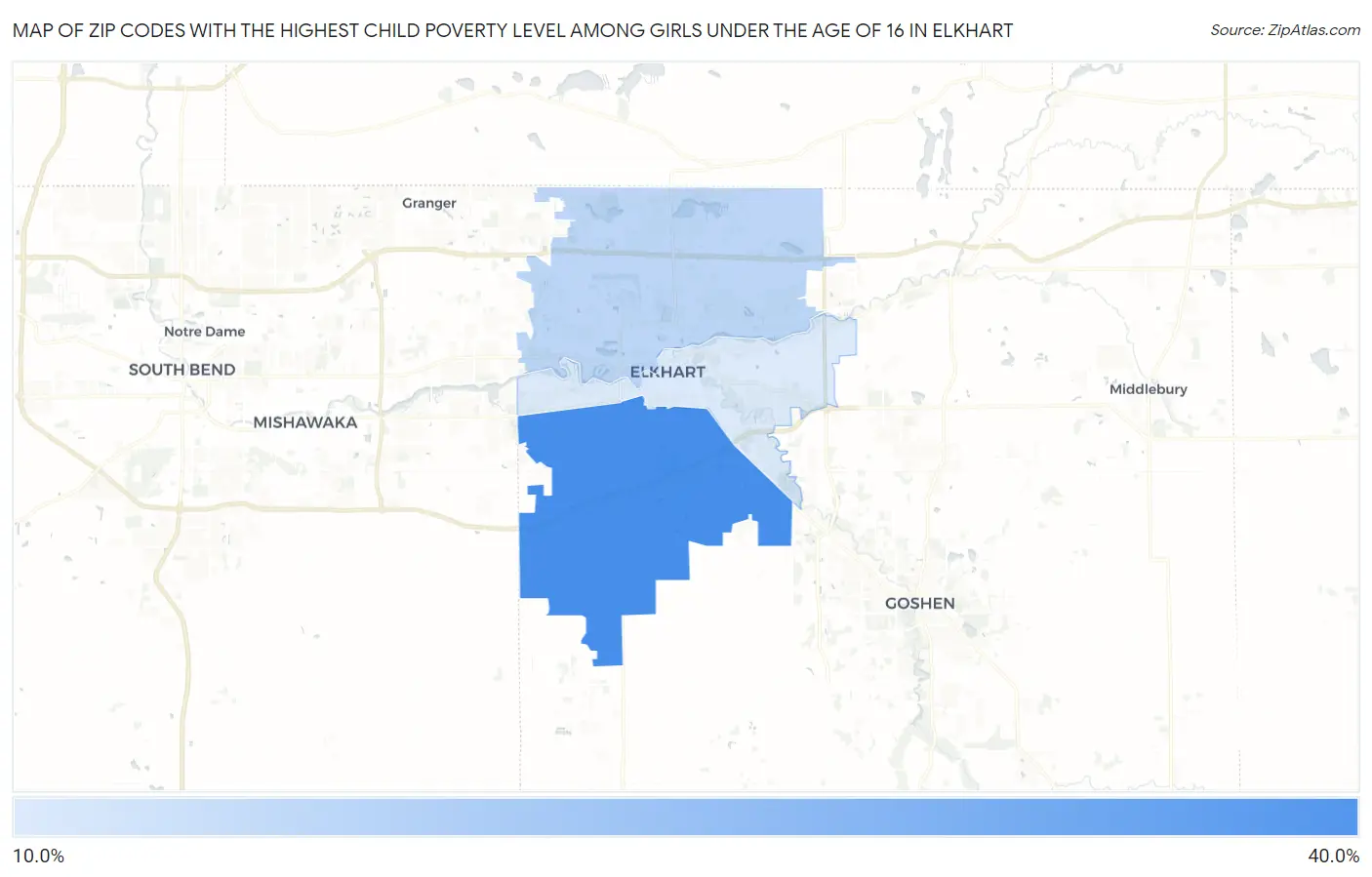 Zip Codes with the Highest Child Poverty Level Among Girls Under the Age of 16 in Elkhart Map