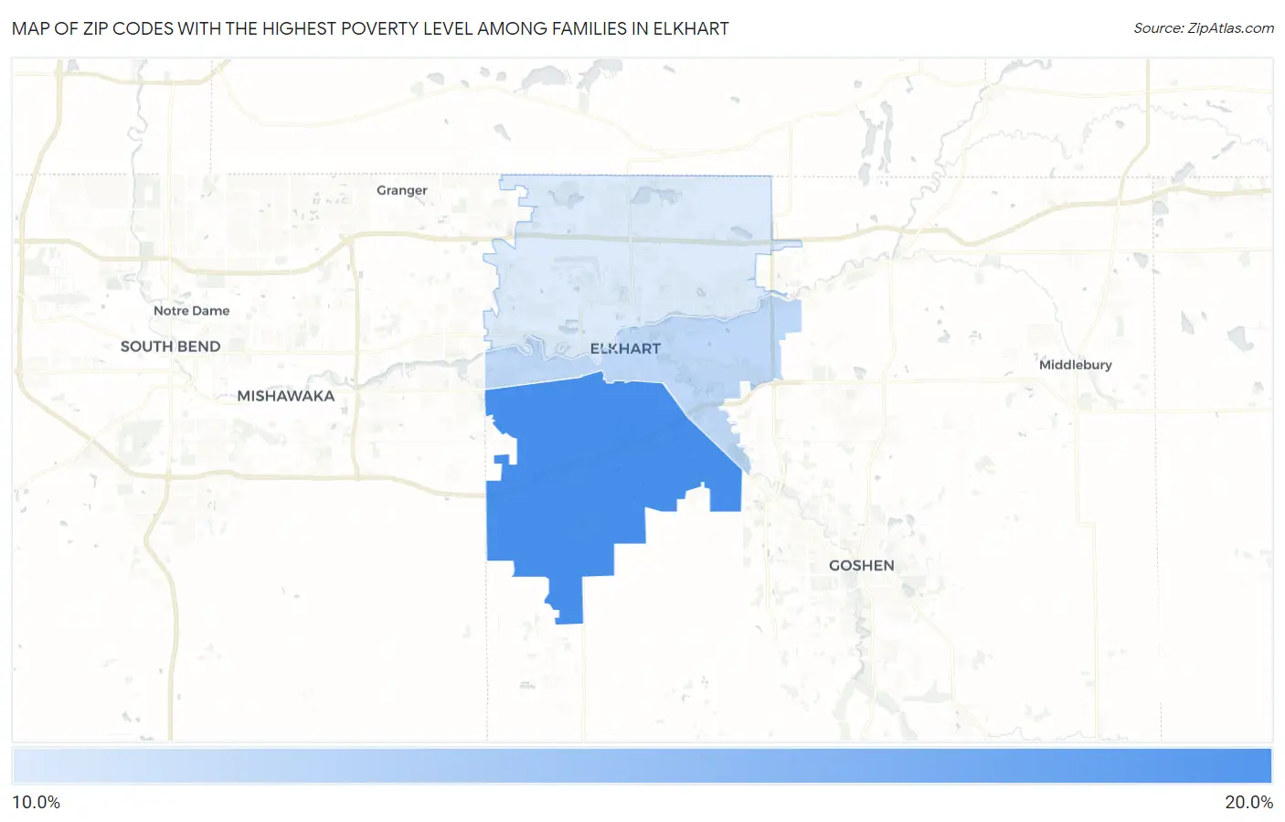 Zip Codes with the Highest Poverty Level Among Families in Elkhart Map