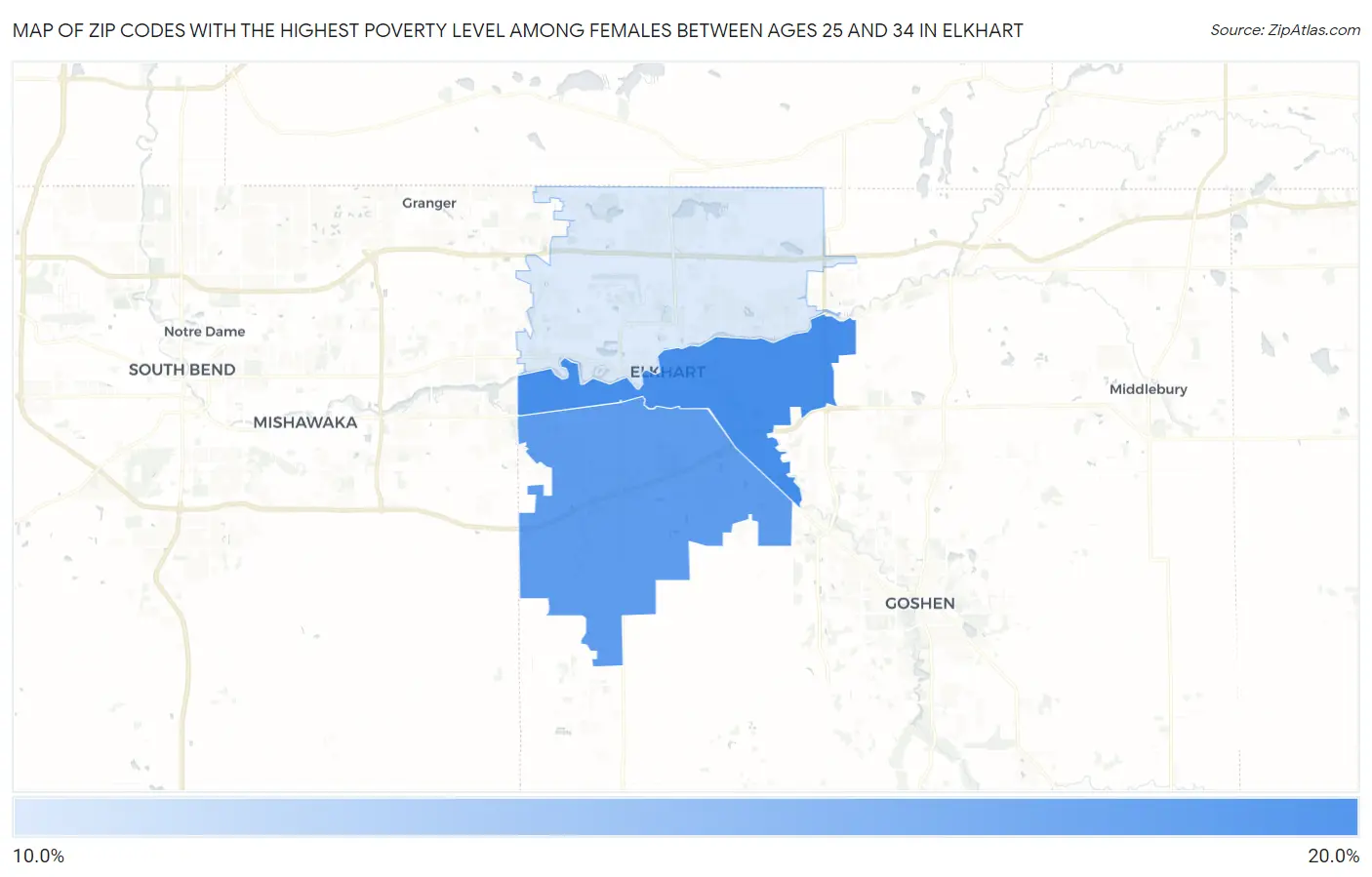 Zip Codes with the Highest Poverty Level Among Females Between Ages 25 and 34 in Elkhart Map