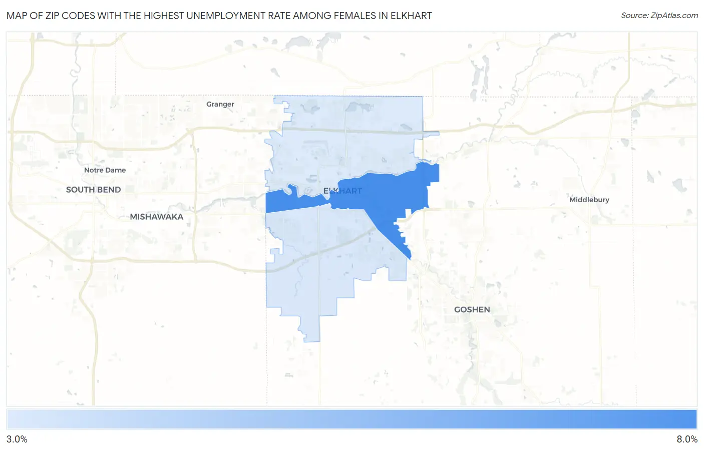 Zip Codes with the Highest Unemployment Rate Among Females in Elkhart Map