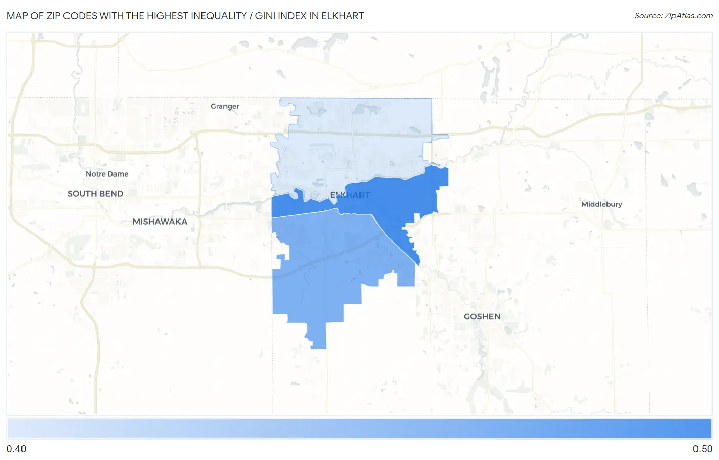 Zip Codes with the Highest Inequality / Gini Index in Elkhart Map