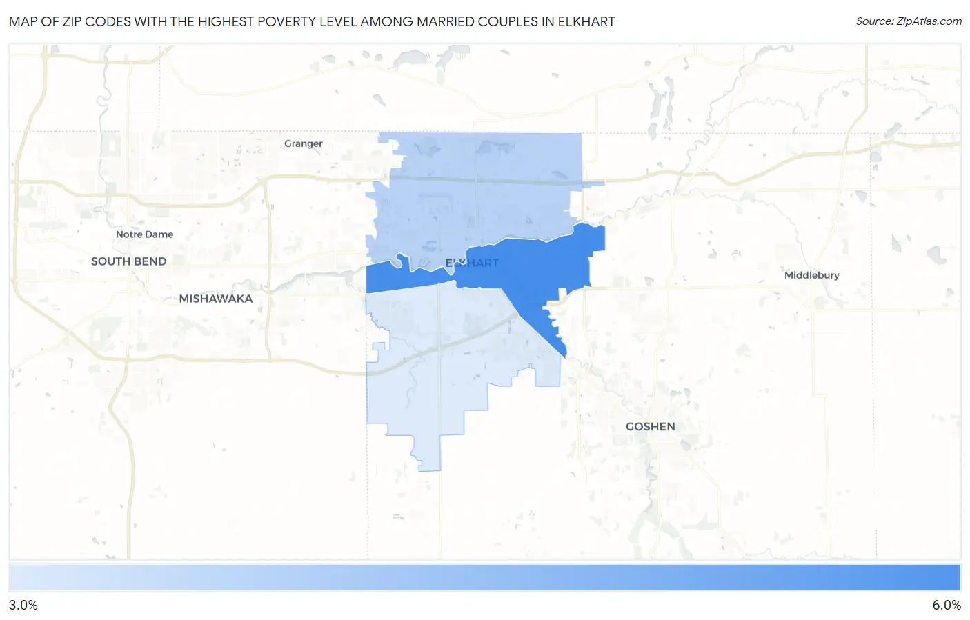 Zip Codes with the Highest Poverty Level Among Married Couples in Elkhart Map