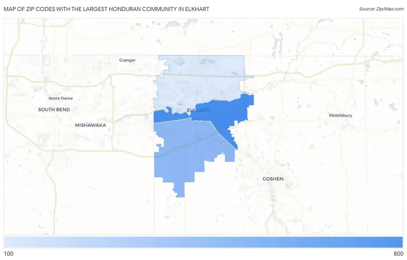 Zip Codes with the Largest Honduran Community in Elkhart Map