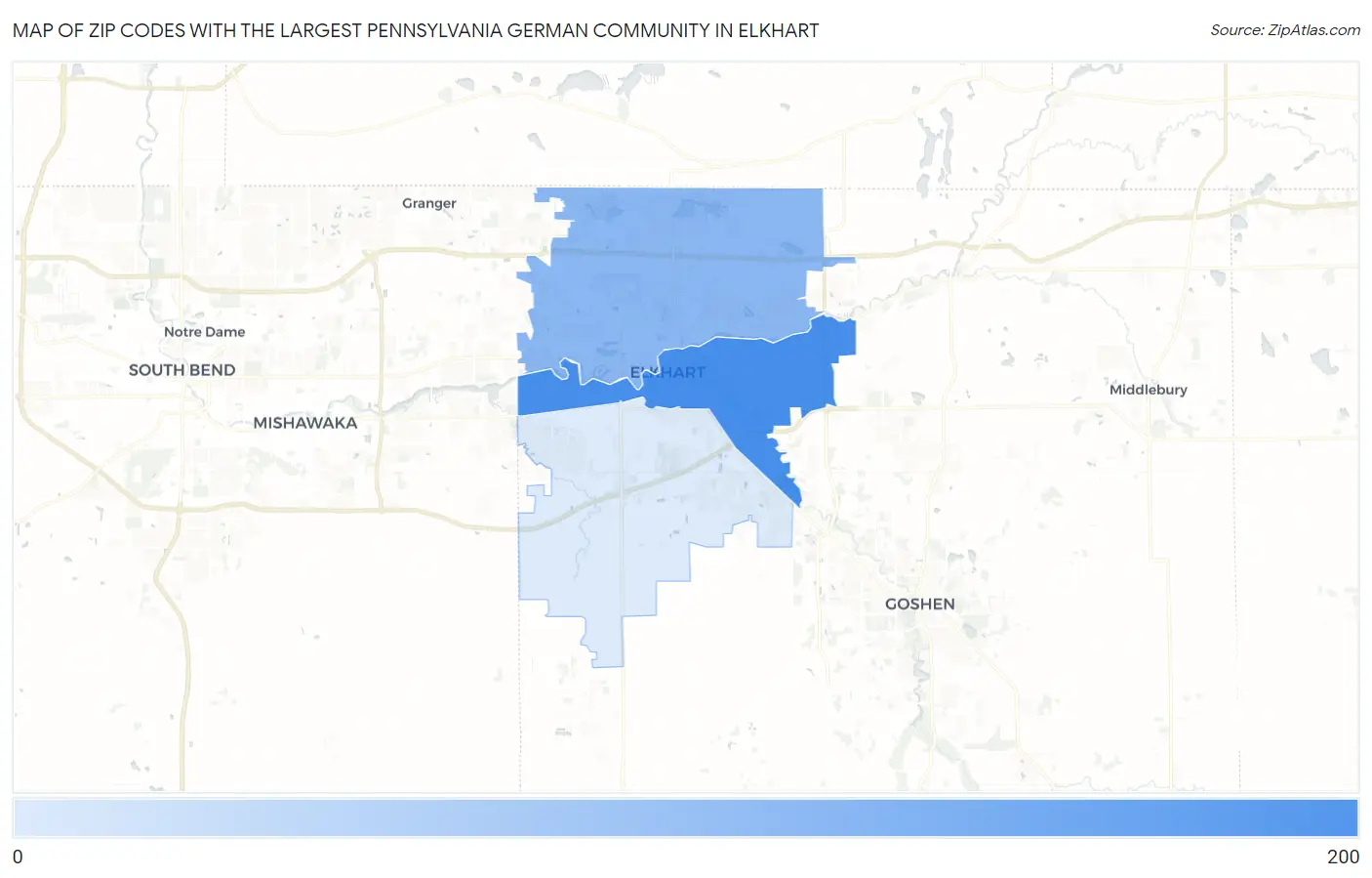 Zip Codes with the Largest Pennsylvania German Community in Elkhart Map