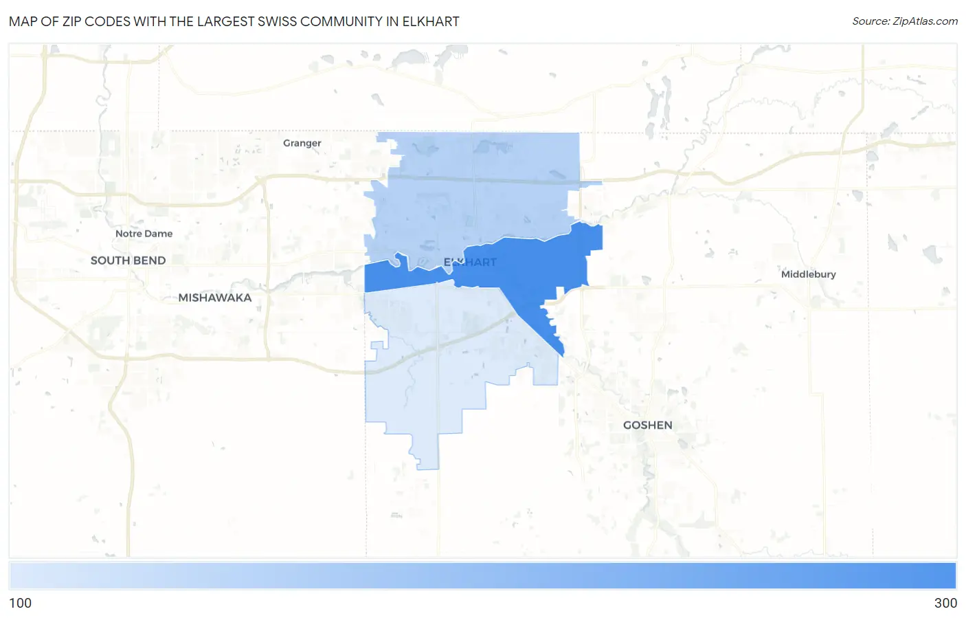 Zip Codes with the Largest Swiss Community in Elkhart Map