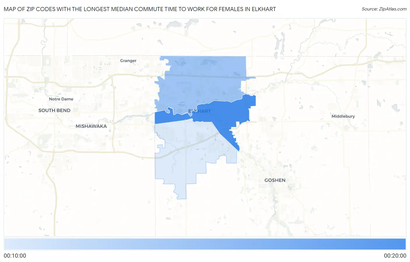 Zip Codes with the Longest Median Commute Time to Work for Females in Elkhart Map