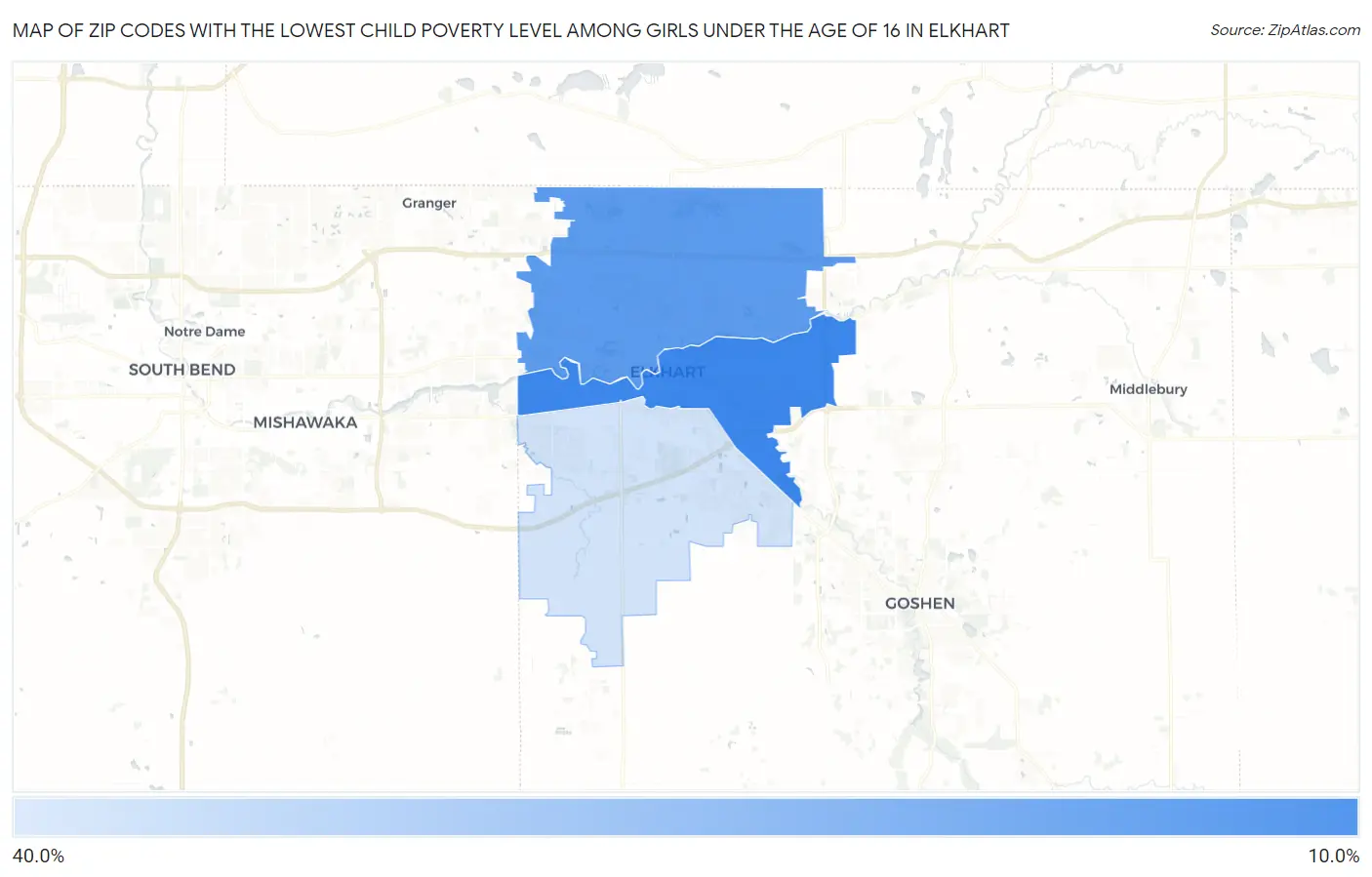 Zip Codes with the Lowest Child Poverty Level Among Girls Under the Age of 16 in Elkhart Map