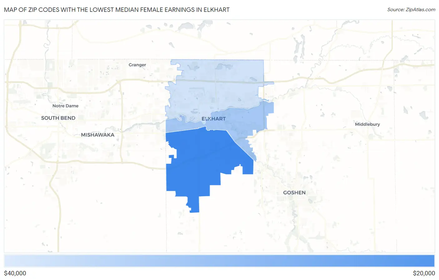 Zip Codes with the Lowest Median Female Earnings in Elkhart Map