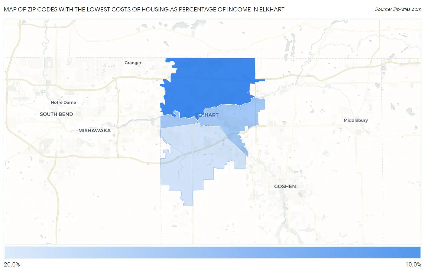 Zip Codes with the Lowest Costs of Housing as Percentage of Income in Elkhart Map