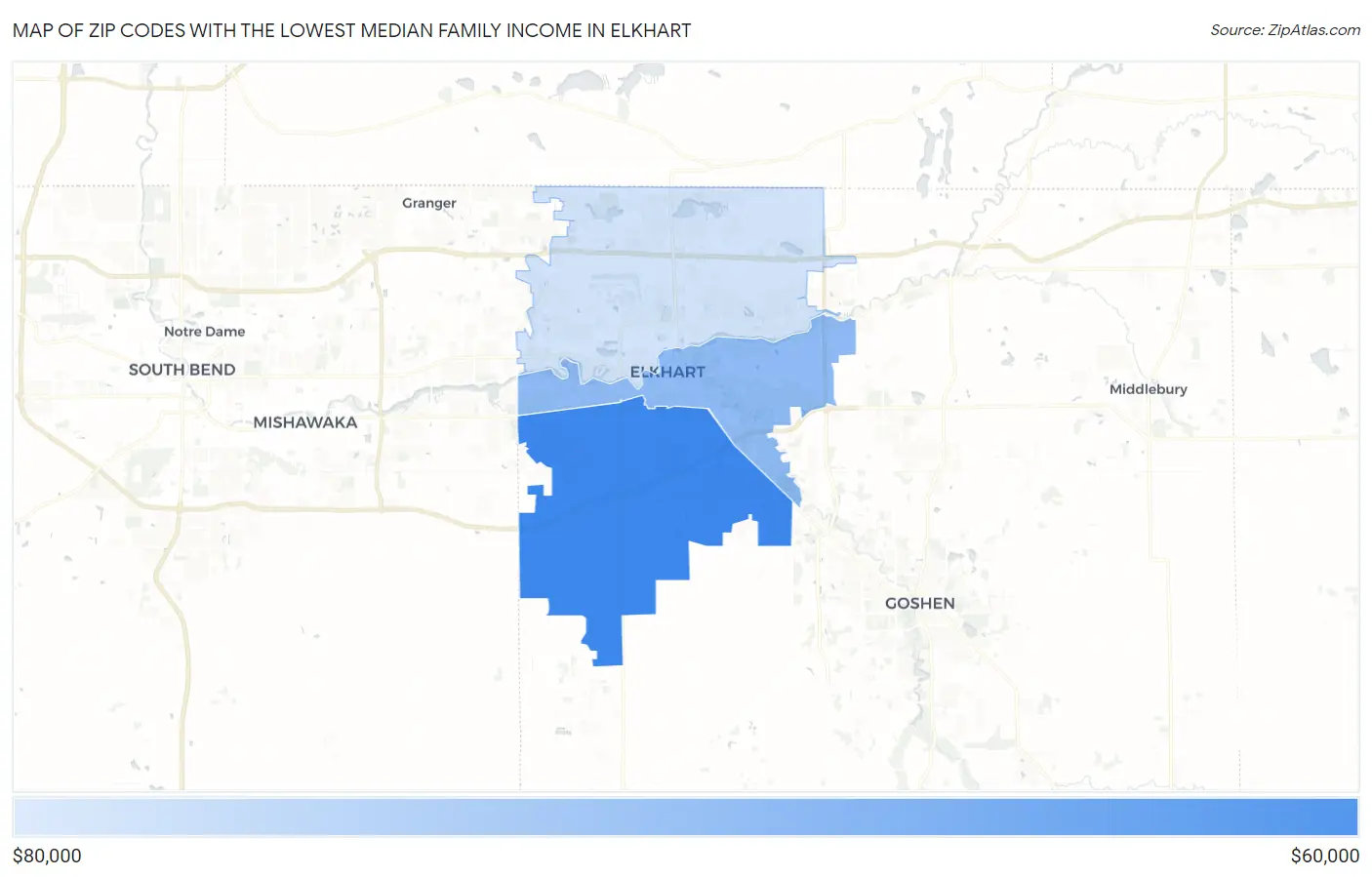 Zip Codes with the Lowest Median Family Income in Elkhart Map