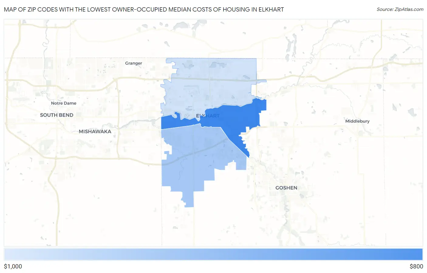 Zip Codes with the Lowest Owner-Occupied Median Costs of Housing in Elkhart Map