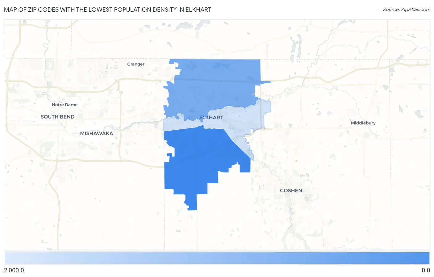 Zip Codes with the Lowest Population Density in Elkhart Map