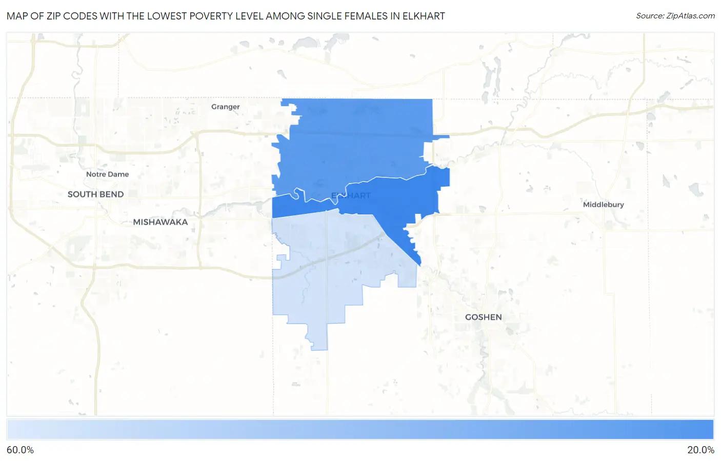Zip Codes with the Lowest Poverty Level Among Single Females in Elkhart Map