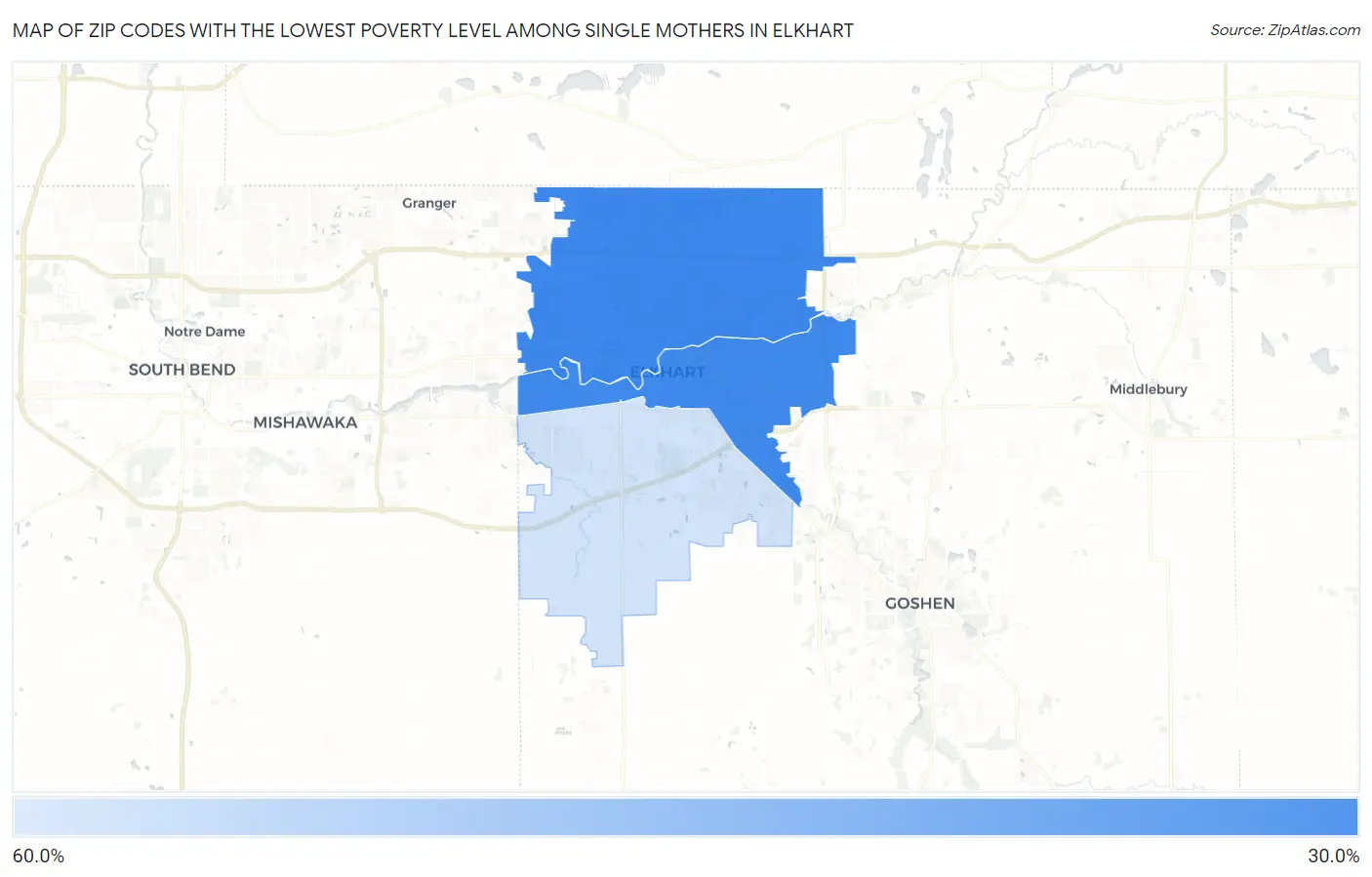 Zip Codes with the Lowest Poverty Level Among Single Mothers in Elkhart Map