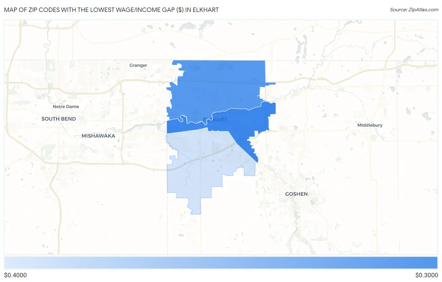 Zip Codes with the Lowest Wage/Income Gap ($) in Elkhart Map