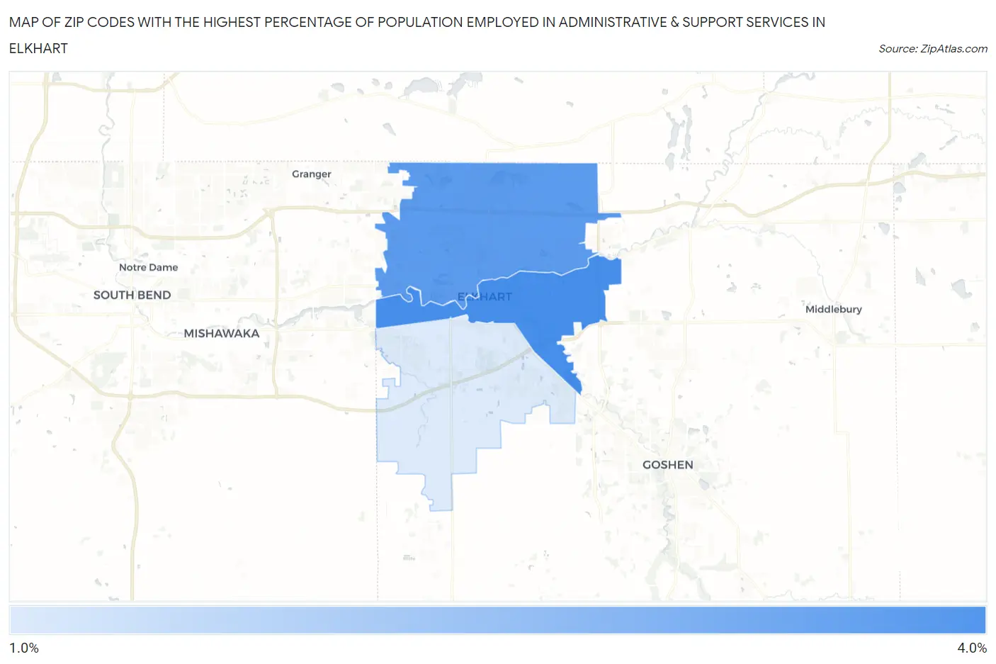 Zip Codes with the Highest Percentage of Population Employed in Administrative & Support Services in Elkhart Map