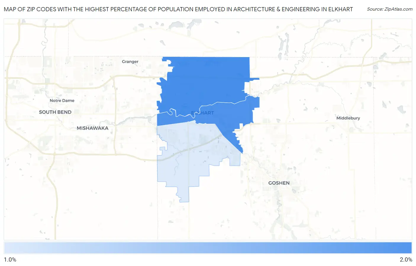 Zip Codes with the Highest Percentage of Population Employed in Architecture & Engineering in Elkhart Map