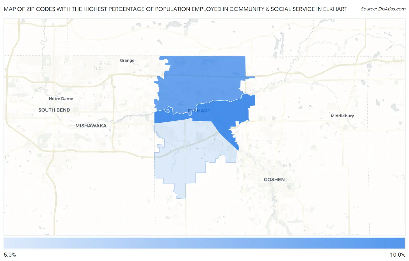 Zip Codes with the Highest Percentage of Population Employed in Community & Social Service  in Elkhart Map