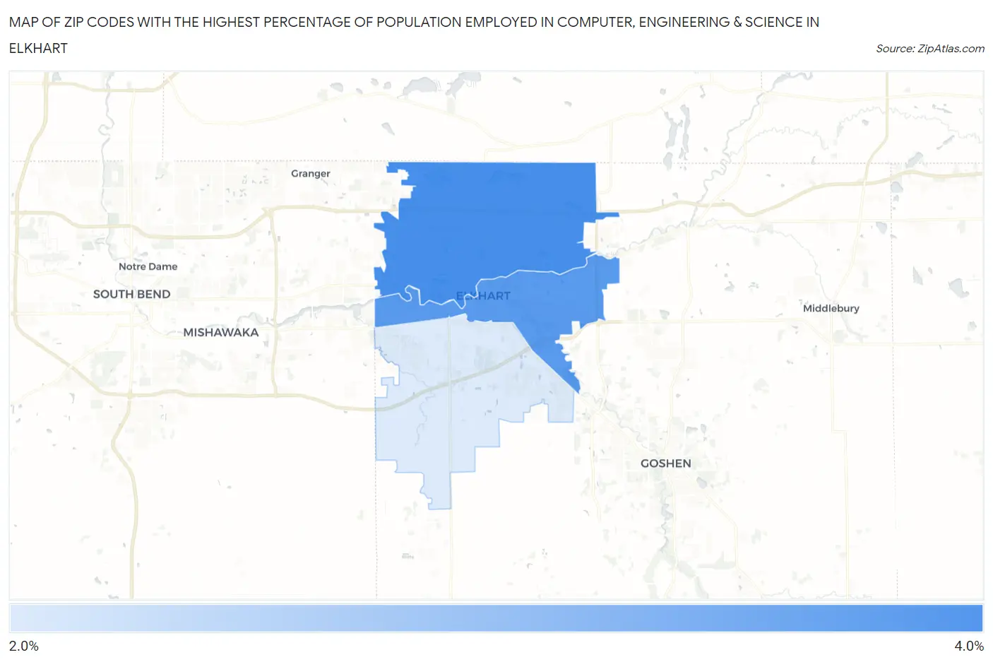 Zip Codes with the Highest Percentage of Population Employed in Computer, Engineering & Science in Elkhart Map