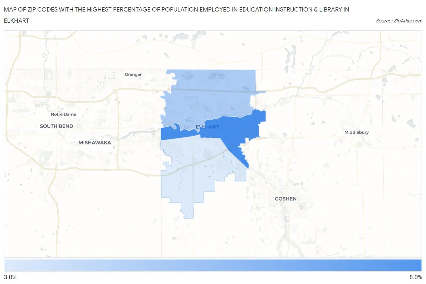 Zip Codes with the Highest Percentage of Population Employed in Education Instruction & Library in Elkhart Map