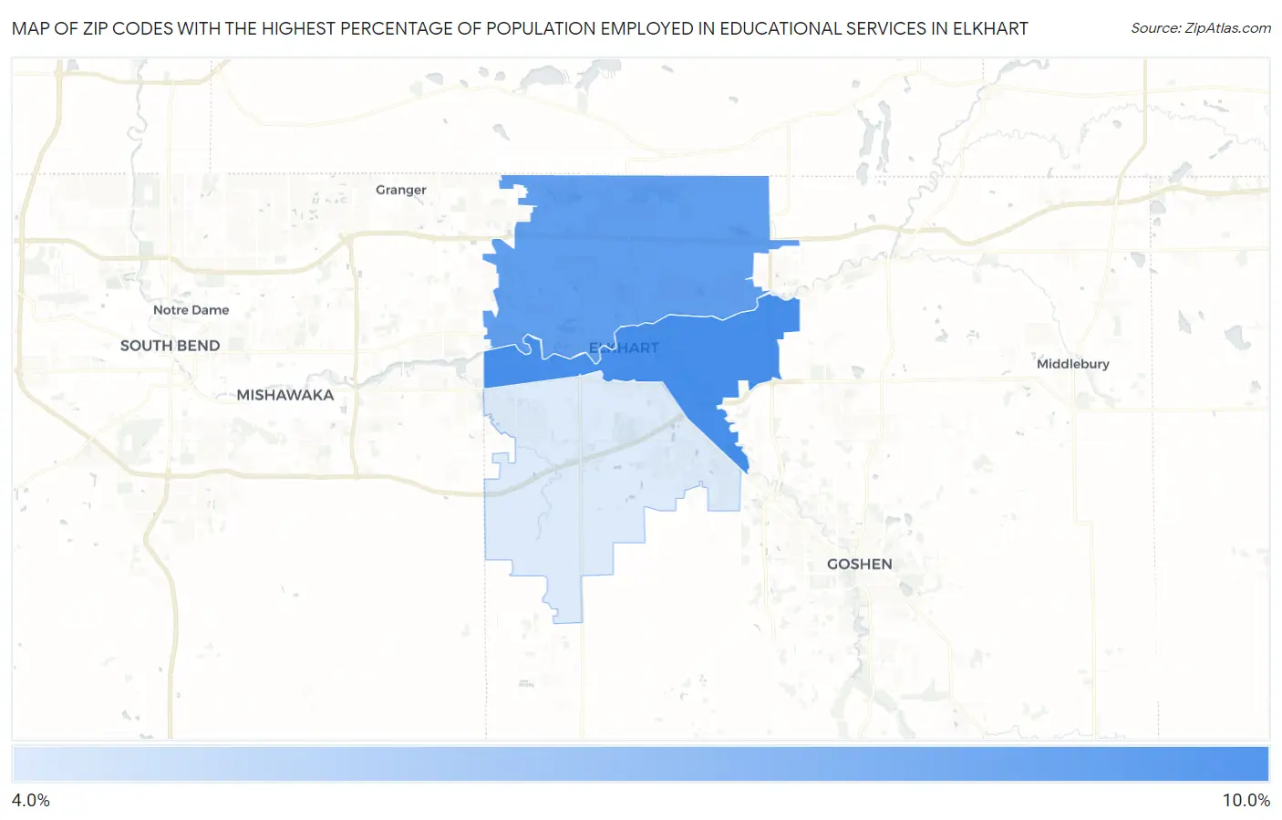 Zip Codes with the Highest Percentage of Population Employed in Educational Services in Elkhart Map