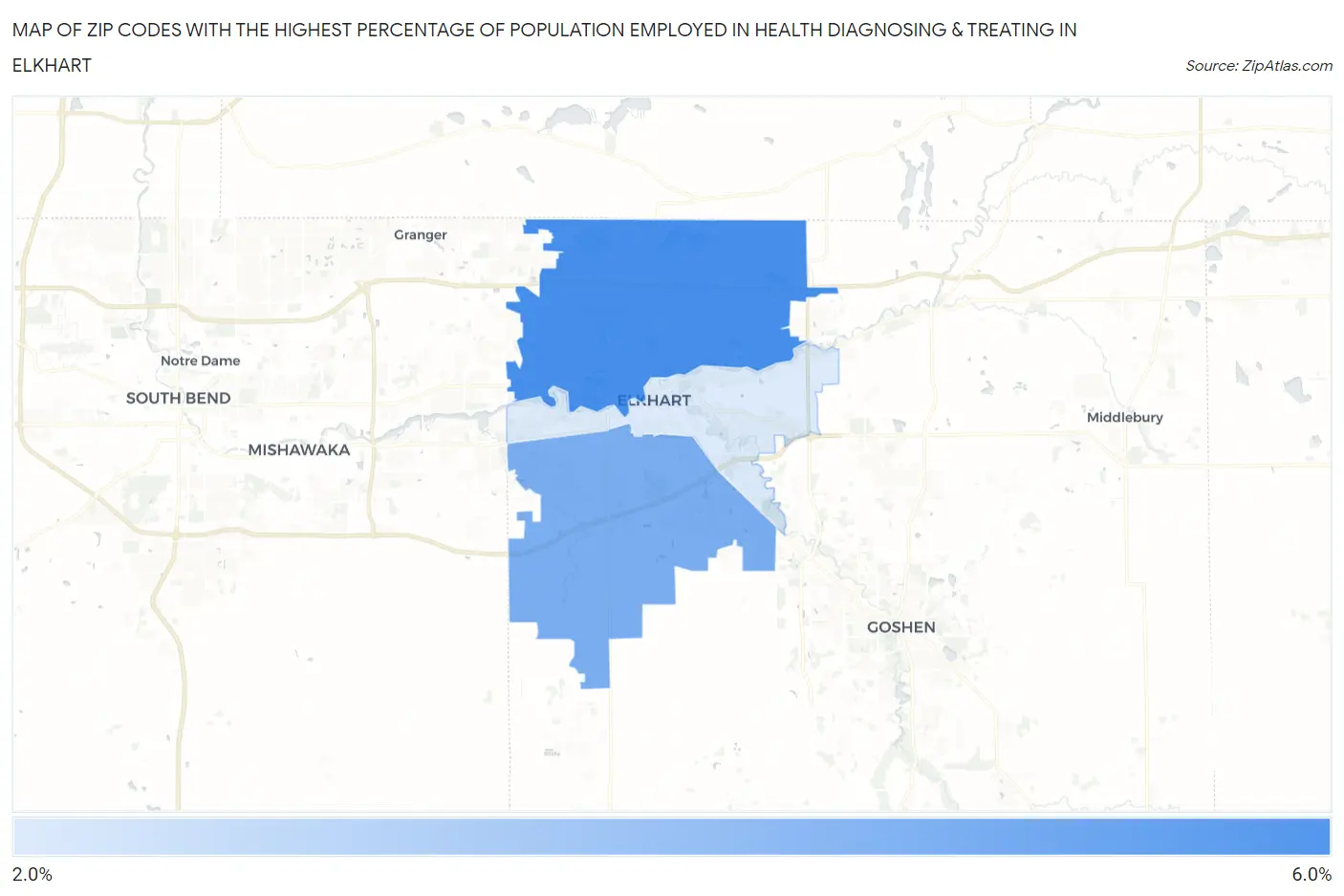 Zip Codes with the Highest Percentage of Population Employed in Health Diagnosing & Treating in Elkhart Map