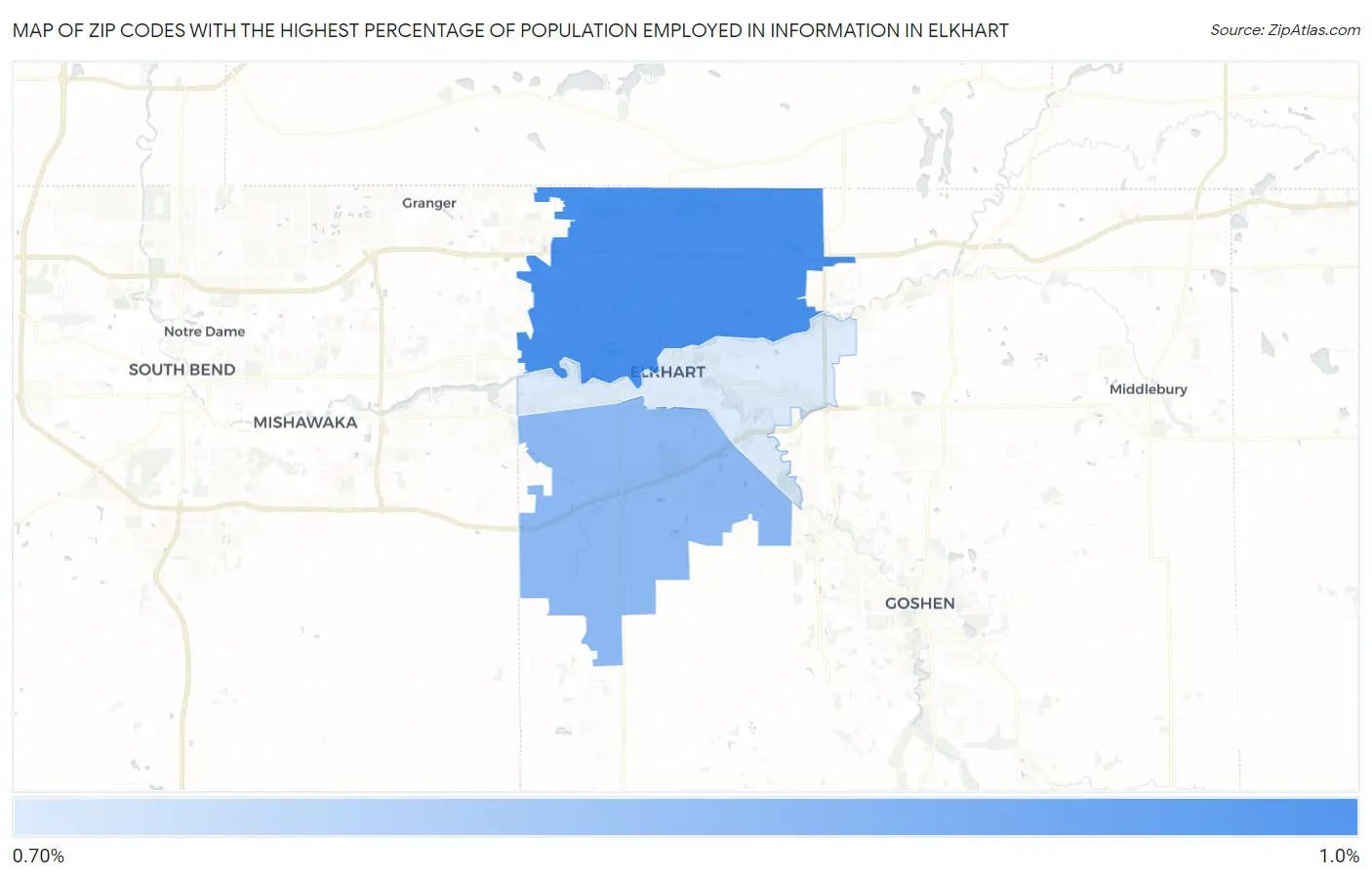Zip Codes with the Highest Percentage of Population Employed in Information in Elkhart Map