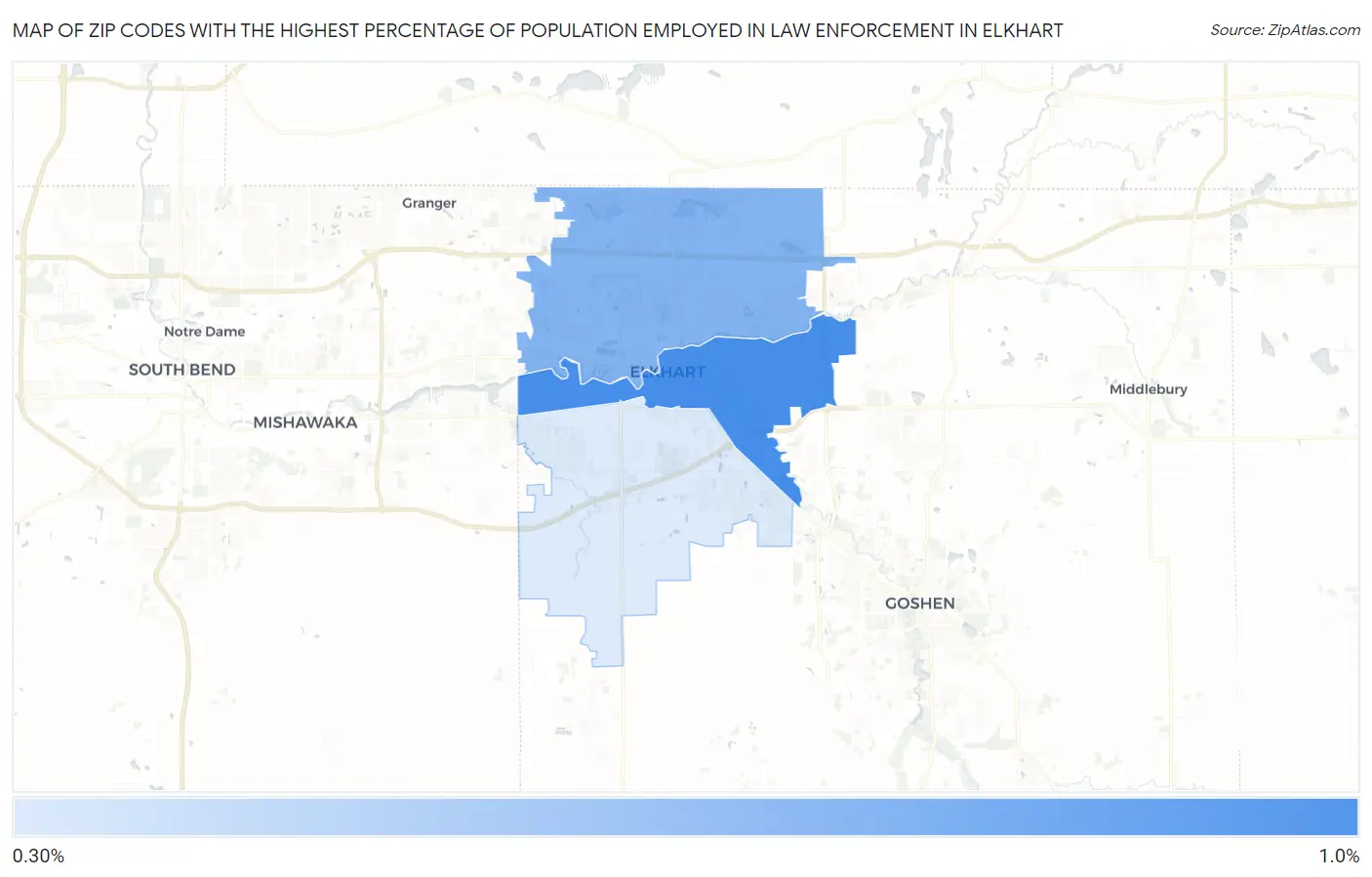 Zip Codes with the Highest Percentage of Population Employed in Law Enforcement in Elkhart Map